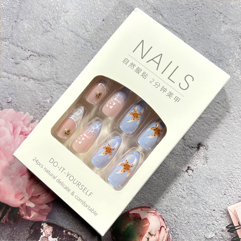 CJDLTS French Tip Ripple Press on Nails Medium Almond Artificial Acrylic Nail Gradient 3D Starfish Pearl with Flower Design Stick on Nails Full Cover Reusable Coffin Artificial Fingernails for Women - Image 5
